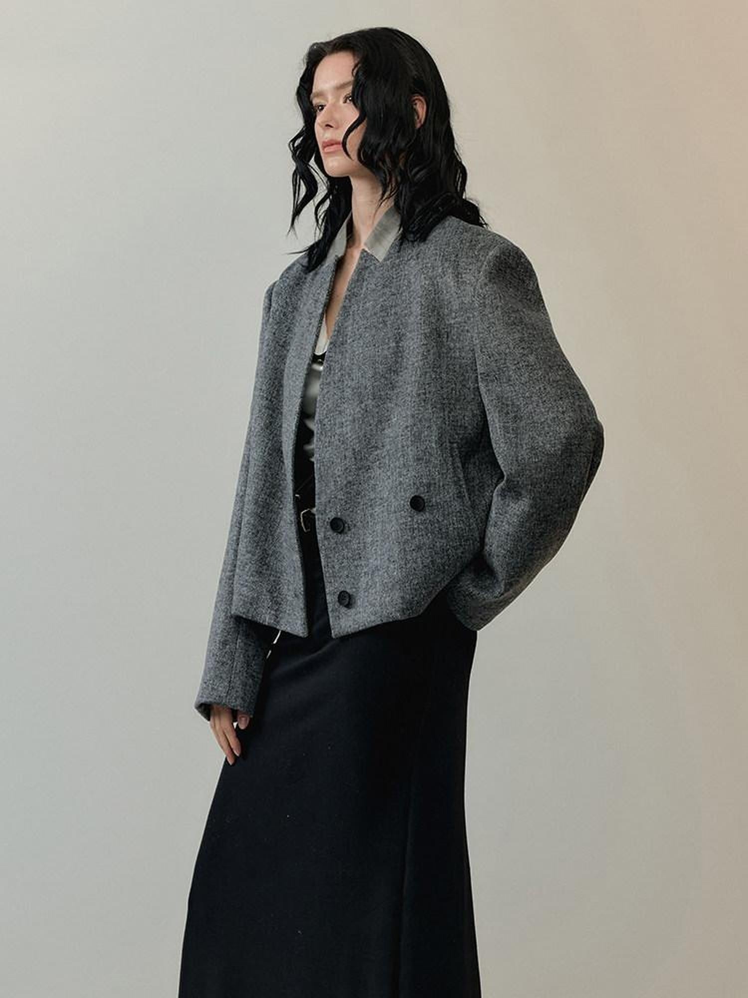 AnnoMundi Warm Thick Wool Blend Minimalist Oversized Collarless Short Women Jacket