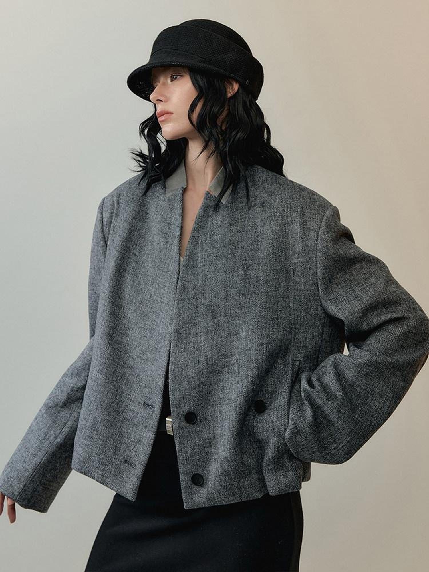 AnnoMundi Warm Thick Wool Blend Minimalist Oversized Collarless Short Women Jacket