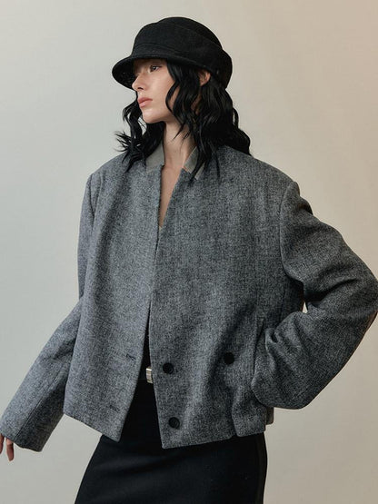 AnnoMundi Warm Thick Wool Blend Minimalist Oversized Collarless Short Women Jacket