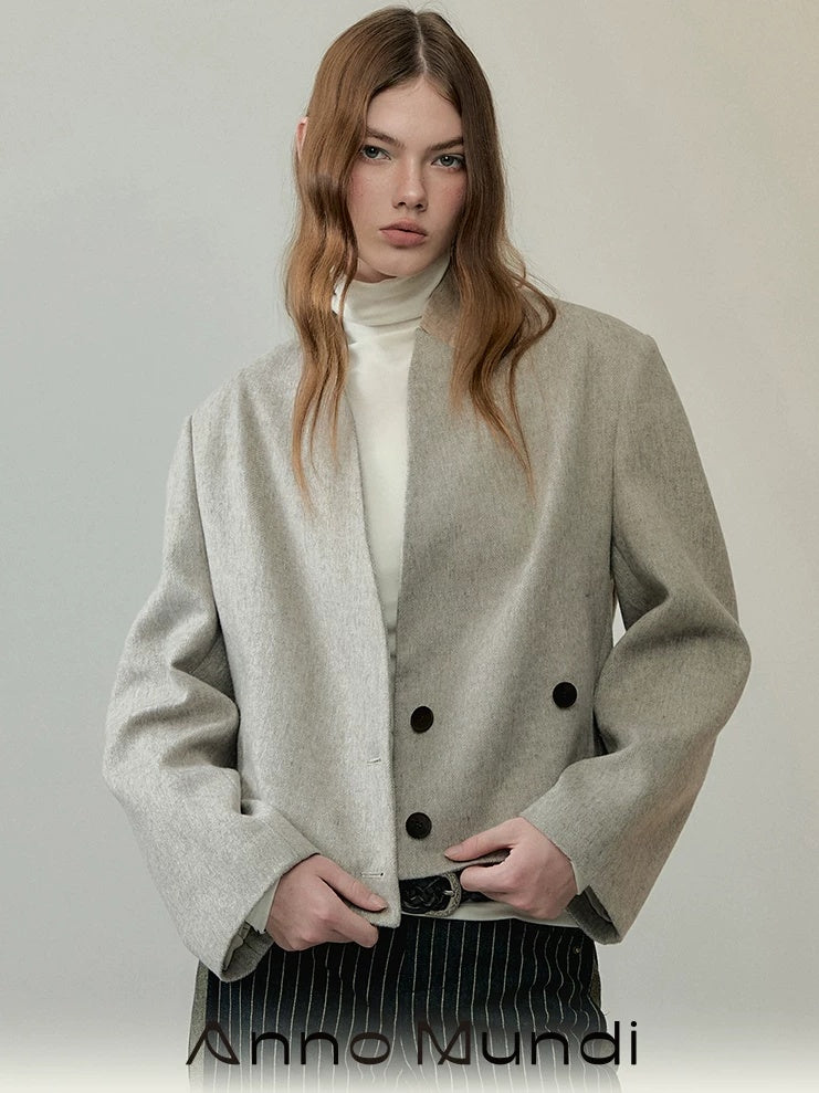 AnnoMundi Warm Thick Wool Blend Minimalist Oversized Collarless Short Women Jacket