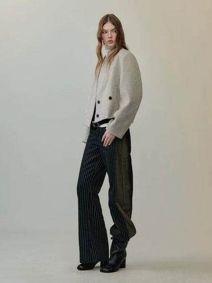 AnnoMundi Warm Thick Wool Blend Minimalist Oversized Collarless Short Women Jacket