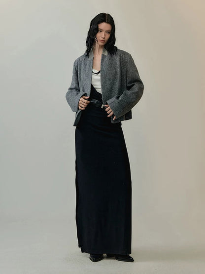 AnnoMundi Warm Thick Wool Blend Minimalist Oversized Collarless Short Women Jacket