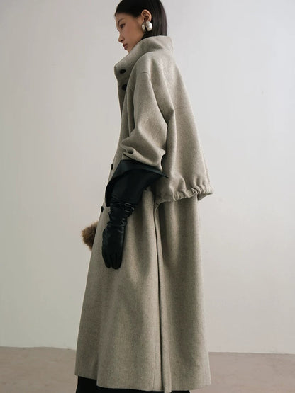 AnnoMundi Warm Wool Blend Thick Loose Fit Notched Lapel Commuter Women Gray Coat