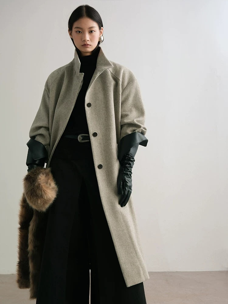 AnnoMundi Warm Wool Blend Thick Loose Fit Notched Lapel Commuter Women Gray Coat