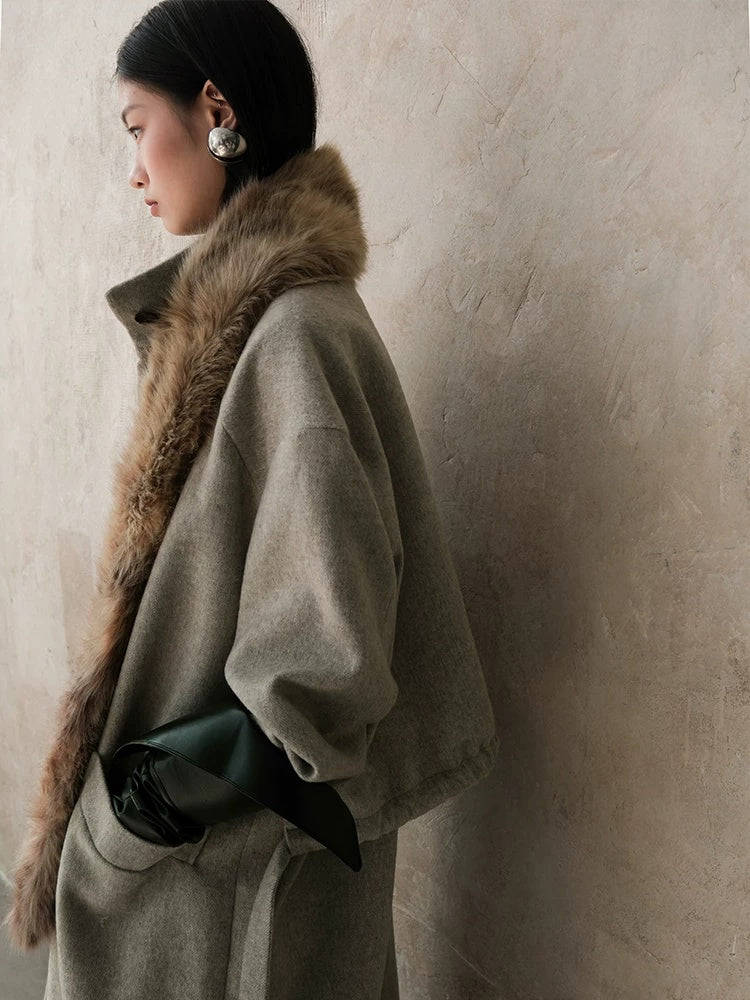 AnnoMundi Warm Wool Blend Thick Loose Fit Notched Lapel Commuter Women Gray Coat