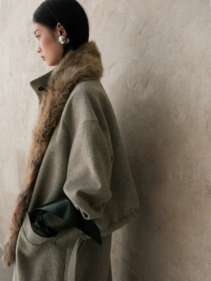 AnnoMundi Warm Wool Blend Thick Loose Fit Notched Lapel Commuter Women Gray Coat