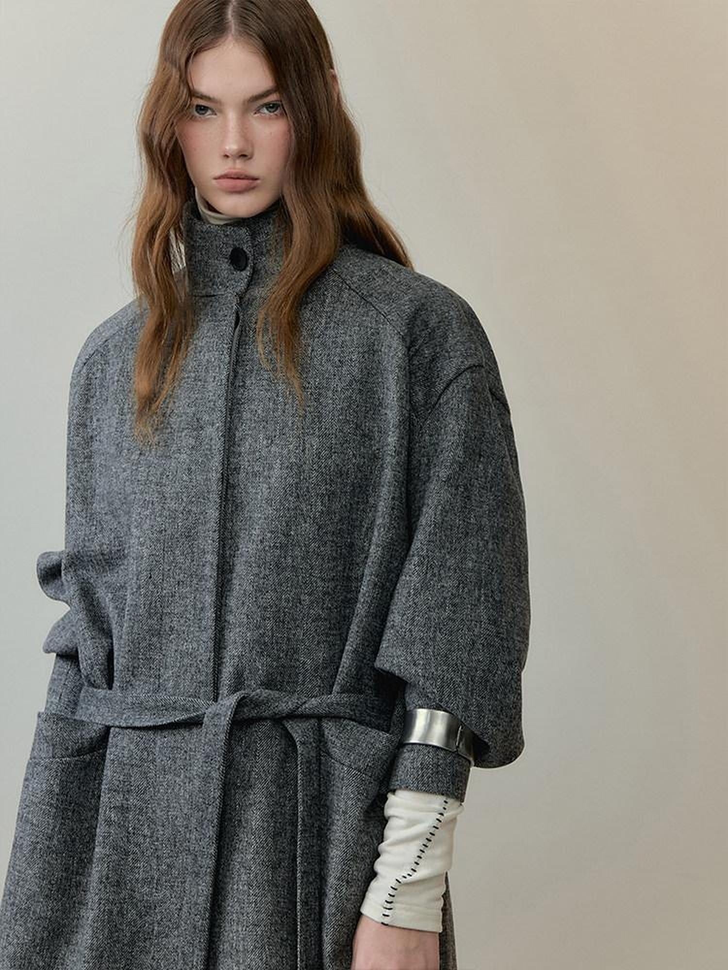 AnnoMundi Warm Wool Blend Thick Loose Fit Notched Lapel Commuter Women Gray Coat