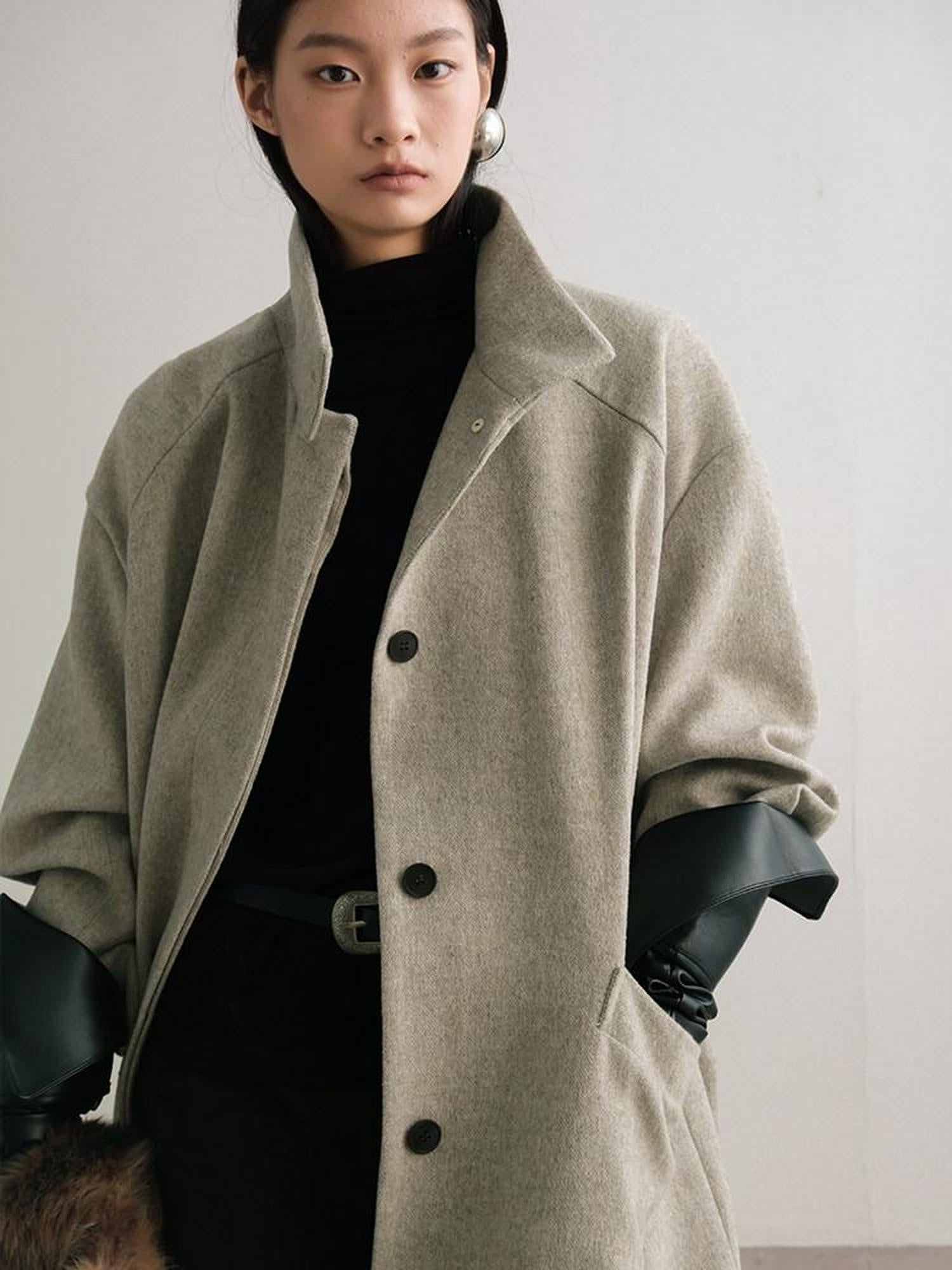 AnnoMundi Warm Wool Blend Thick Loose Fit Notched Lapel Commuter Women Gray Coat