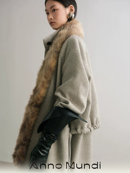 AnnoMundi Warm Wool Blend Thick Loose Fit Notched Lapel Commuter Women Gray Coat