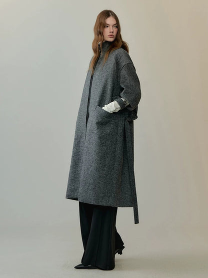 AnnoMundi Warm Wool Blend Thick Loose Fit Notched Lapel Commuter Women Gray Coat