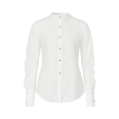 AnnoMundi White Collarless Cross Front Curved Blade Cuffed Women&
