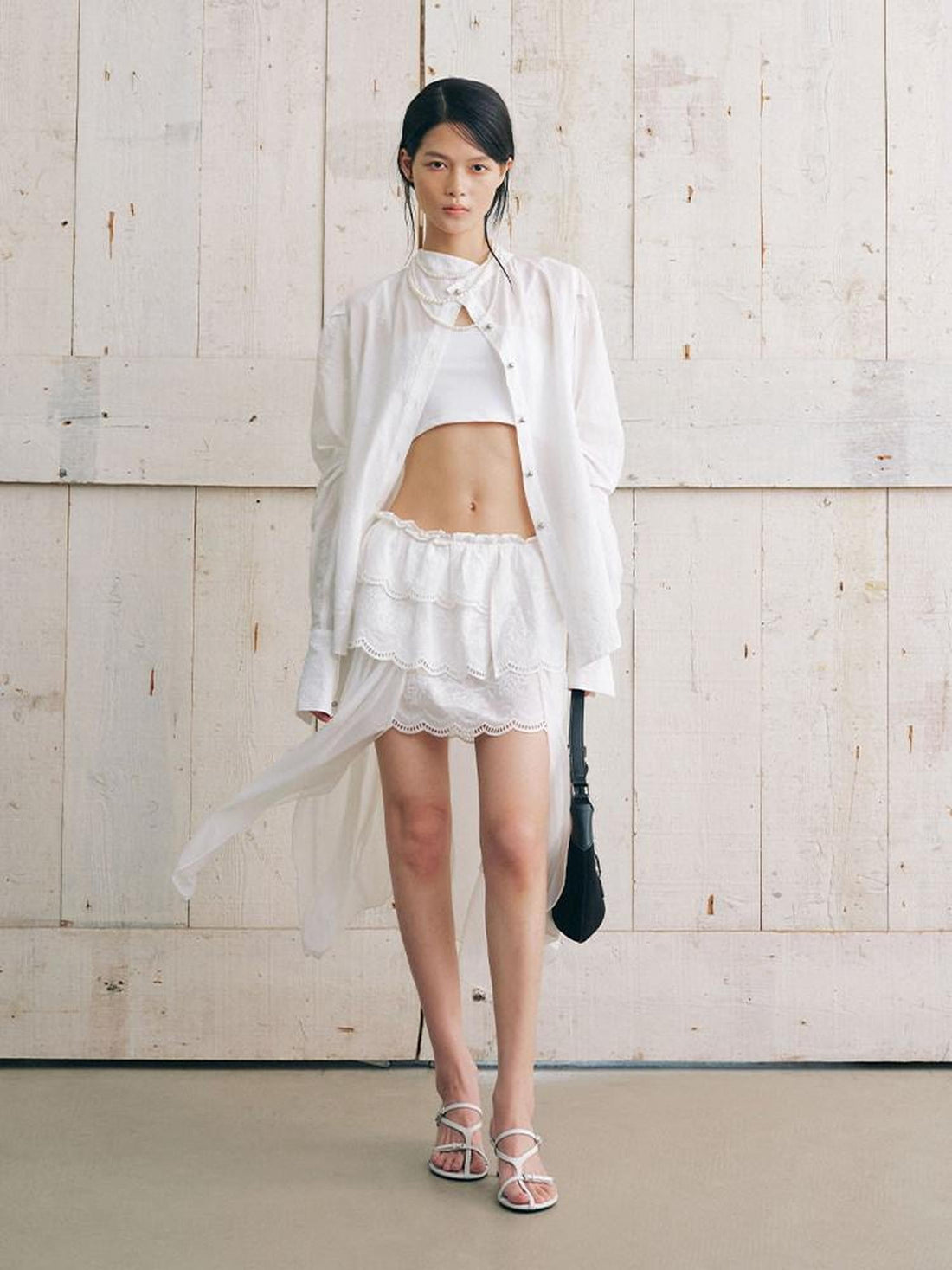 AnnoMundi White Collarless Cross Front Curved Blade Cuffed Women&