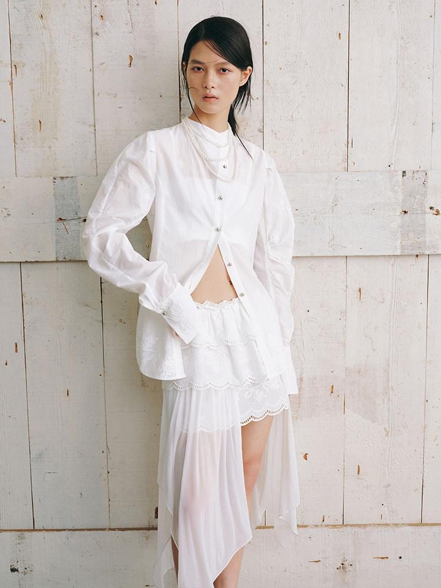 AnnoMundi White Collarless Cross Front Curved Blade Cuffed Women&