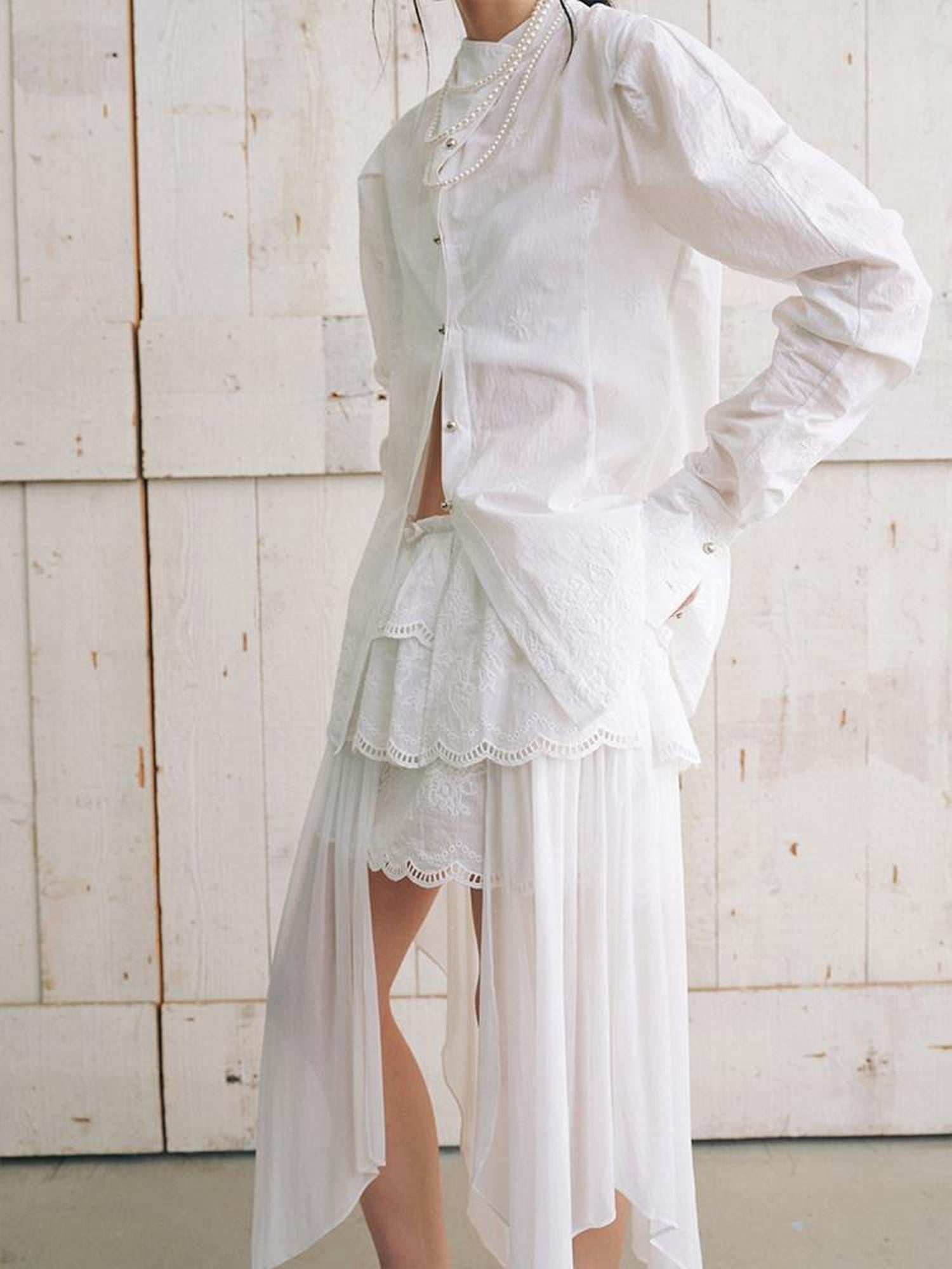 AnnoMundi White Collarless Cross Front Curved Blade Cuffed Women&