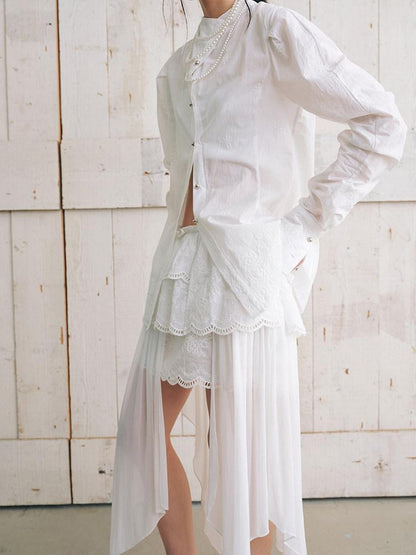 AnnoMundi White Collarless Cross Front Curved Blade Cuffed Women&