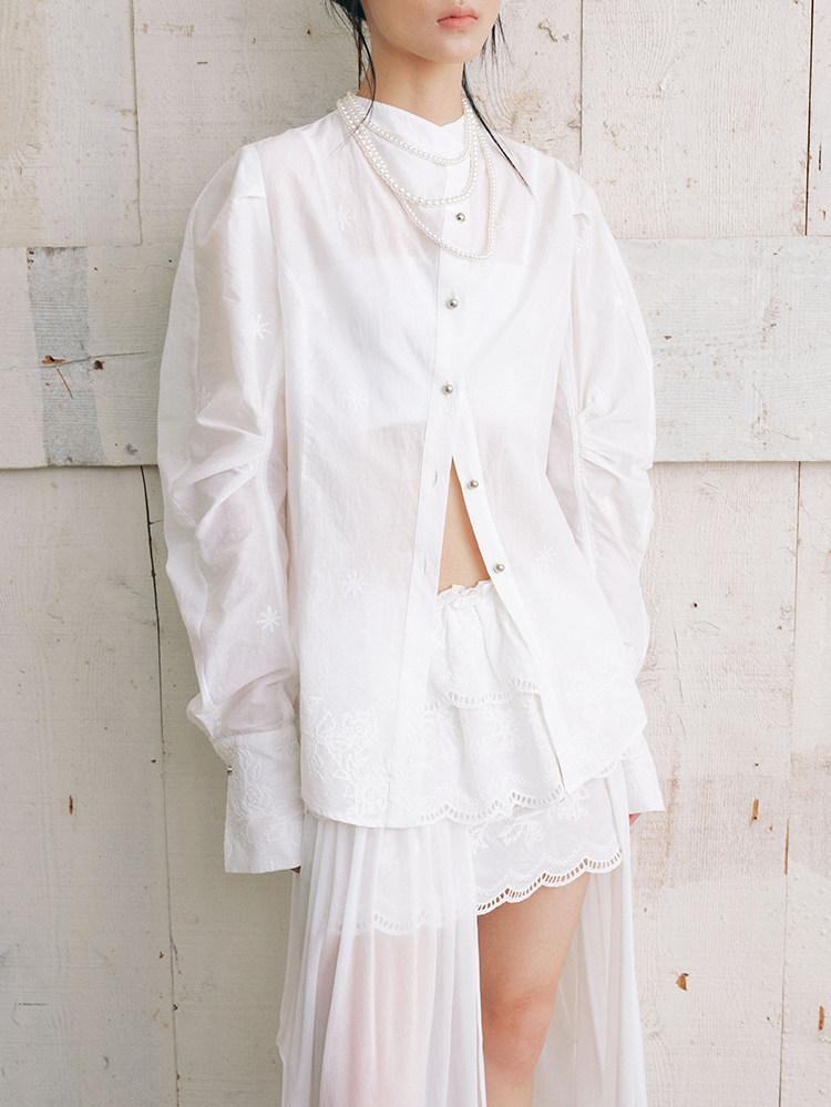 AnnoMundi White Collarless Cross Front Curved Blade Cuffed Women&
