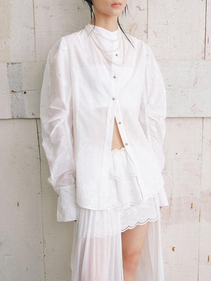 AnnoMundi White Collarless Cross Front Curved Blade Cuffed Women&