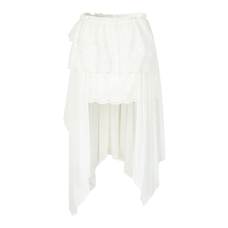 AnnoMundi Jupe midi asymétrique en coton pour femmes, en gaze nuageuse, broderie superposée, dentelle et volants