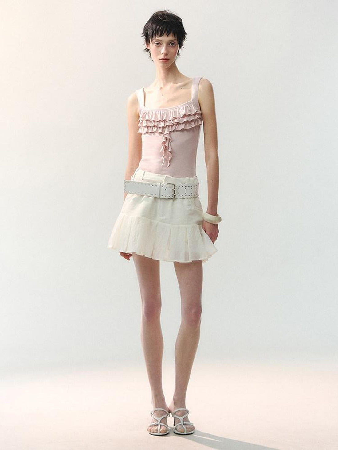 AnnoMundi White Spliced Pleated Ruffle High Waist Women&