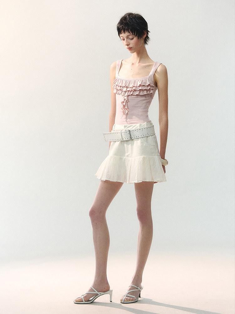 AnnoMundi Mini-jupe blanche plissée à volants et empiècements, taille haute, en polyester viscose pour femmes