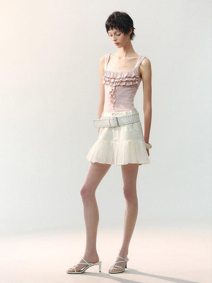 AnnoMundi Mini-jupe blanche plissée à volants et empiècements, taille haute, en polyester viscose pour femmes