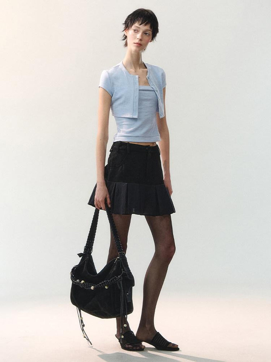 AnnoMundi White Spliced Pleated Ruffle High Waist Women&