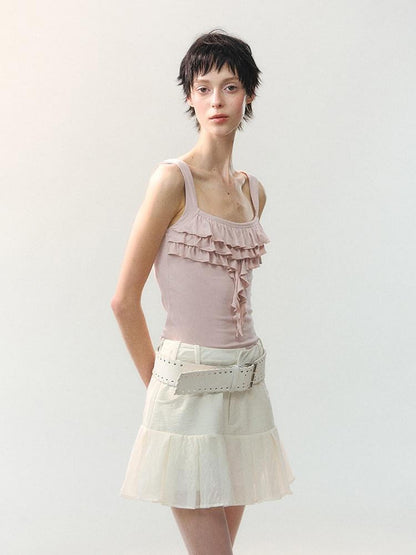 AnnoMundi Mini-jupe blanche plissée à volants et empiècements, taille haute, en polyester viscose pour femmes