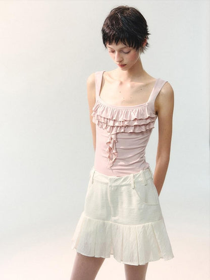 AnnoMundi Mini-jupe blanche plissée à volants et empiècements, taille haute, en polyester viscose pour femmes