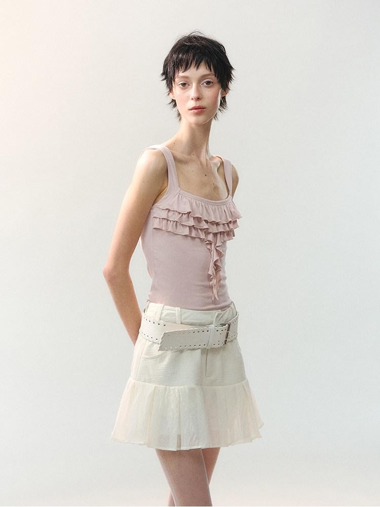AnnoMundi Mini-jupe blanche plissée à volants et empiècements, taille haute, en polyester viscose pour femmes