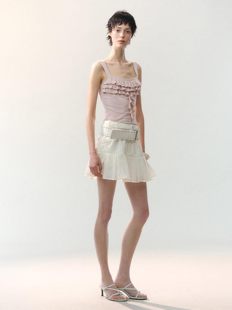 AnnoMundi Mini-jupe blanche plissée à volants et empiècements, taille haute, en polyester viscose pour femmes