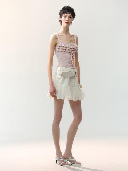 AnnoMundi Mini-jupe blanche plissée à volants et empiècements, taille haute, en polyester viscose pour femmes