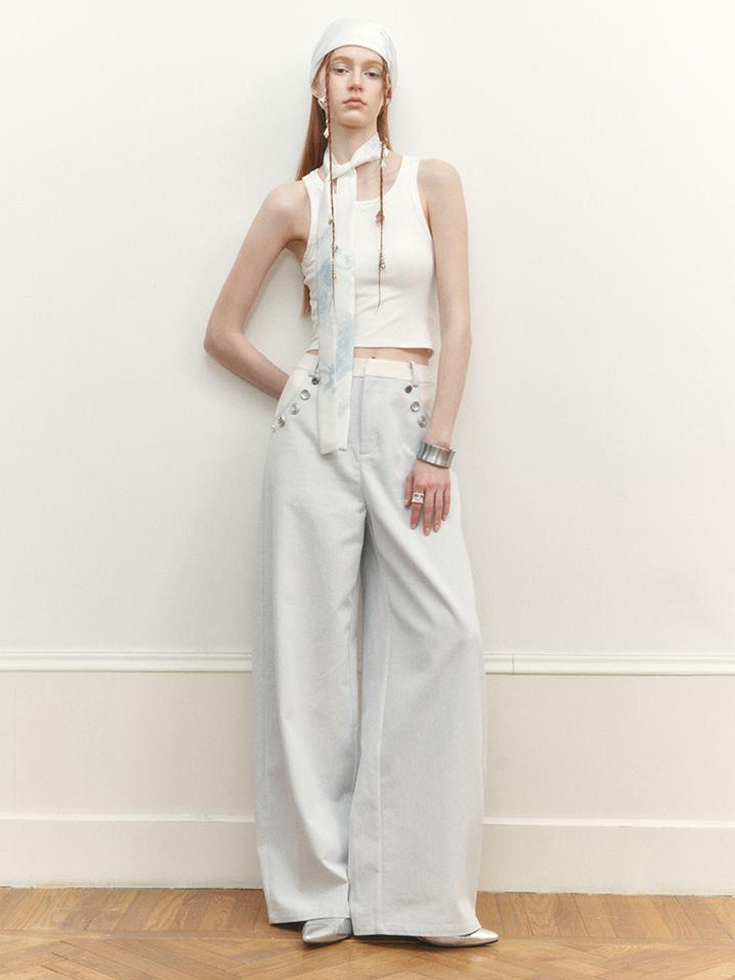 AnnoMundi Wide Leg Tapered Pants with Metal Button Decorative Insert
