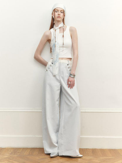 AnnoMundi Wide Leg Tapered Pants with Metal Button Decorative Insert