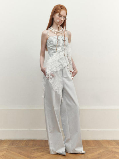AnnoMundi Wide Leg Tapered Pants with Metal Button Decorative Insert
