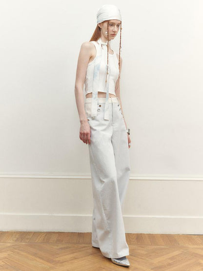 AnnoMundi Wide Leg Tapered Pants with Metal Button Decorative Insert