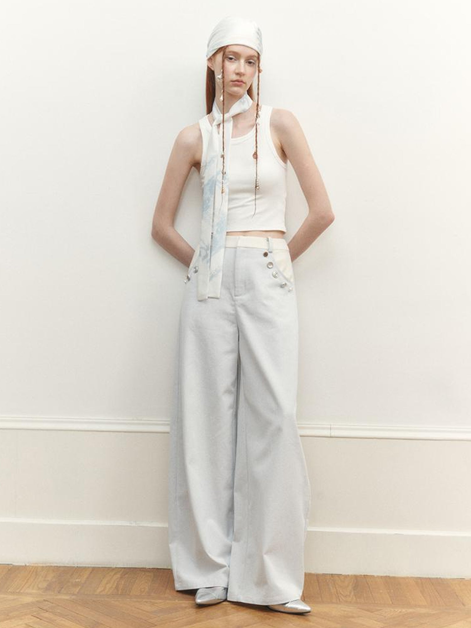 AnnoMundi Wide Leg Tapered Pants with Metal Button Decorative Insert