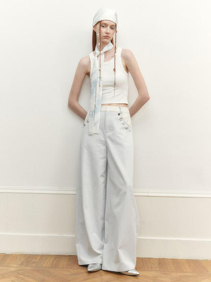 AnnoMundi Wide Leg Tapered Pants with Metal Button Decorative Insert