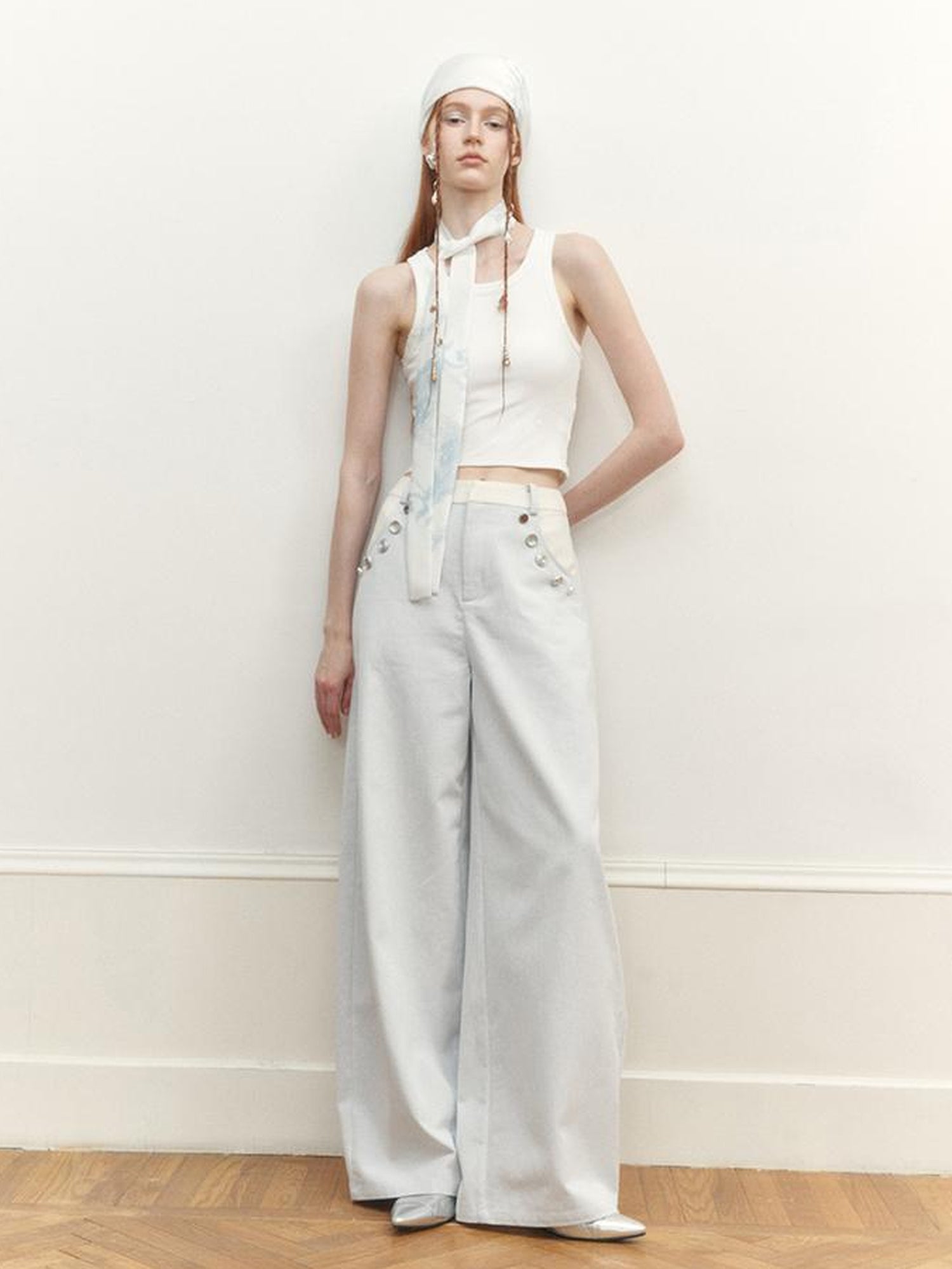AnnoMundi Wide Leg Tapered Pants with Metal Button Decorative Insert
