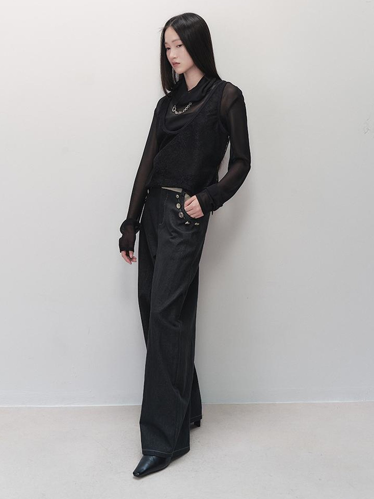 AnnoMundi Wide Leg Tapered Pants with Metal Button Decorative Insert