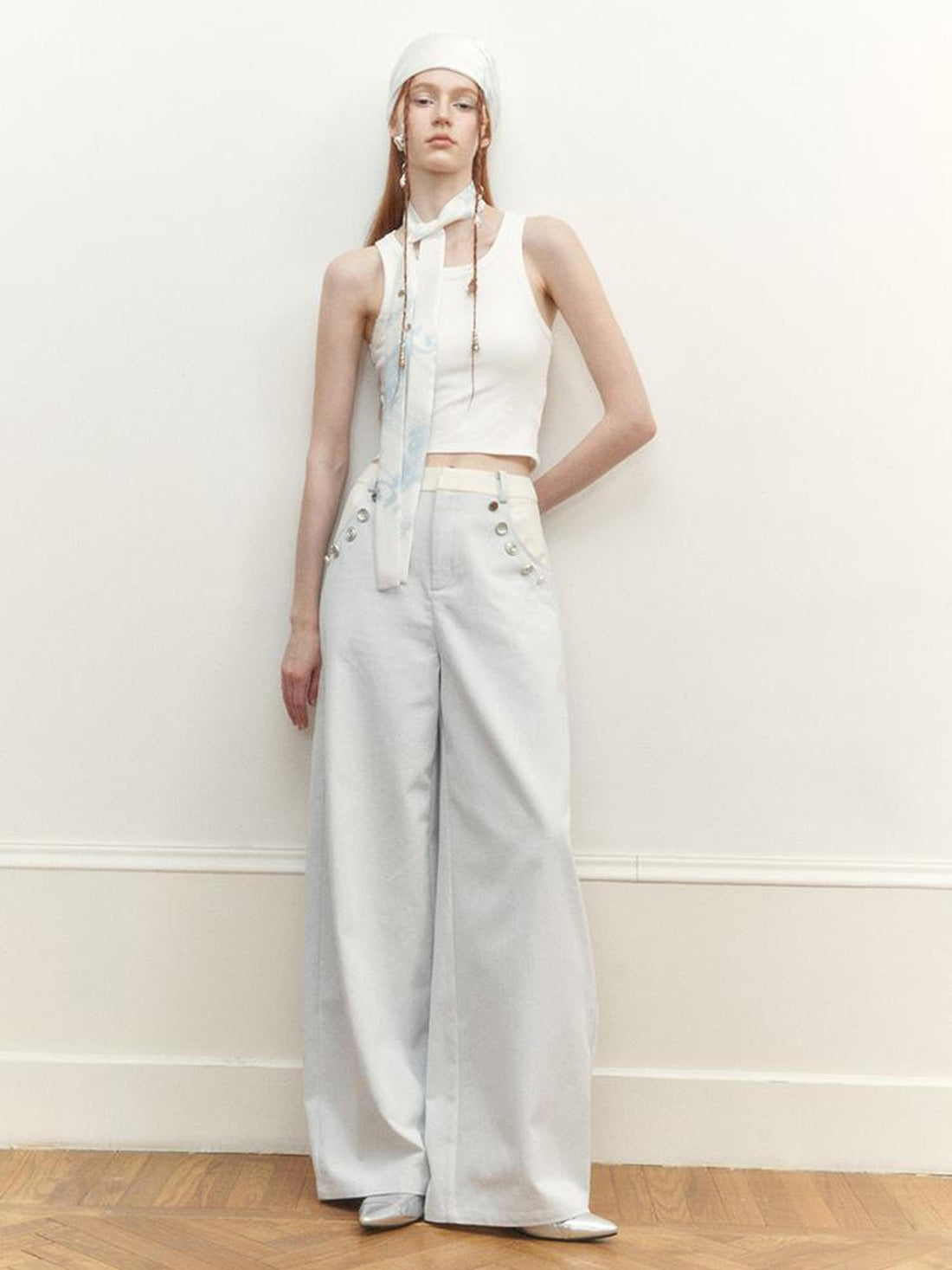AnnoMundi Wide Leg Tapered Pants with Metal Button Decorative Insert