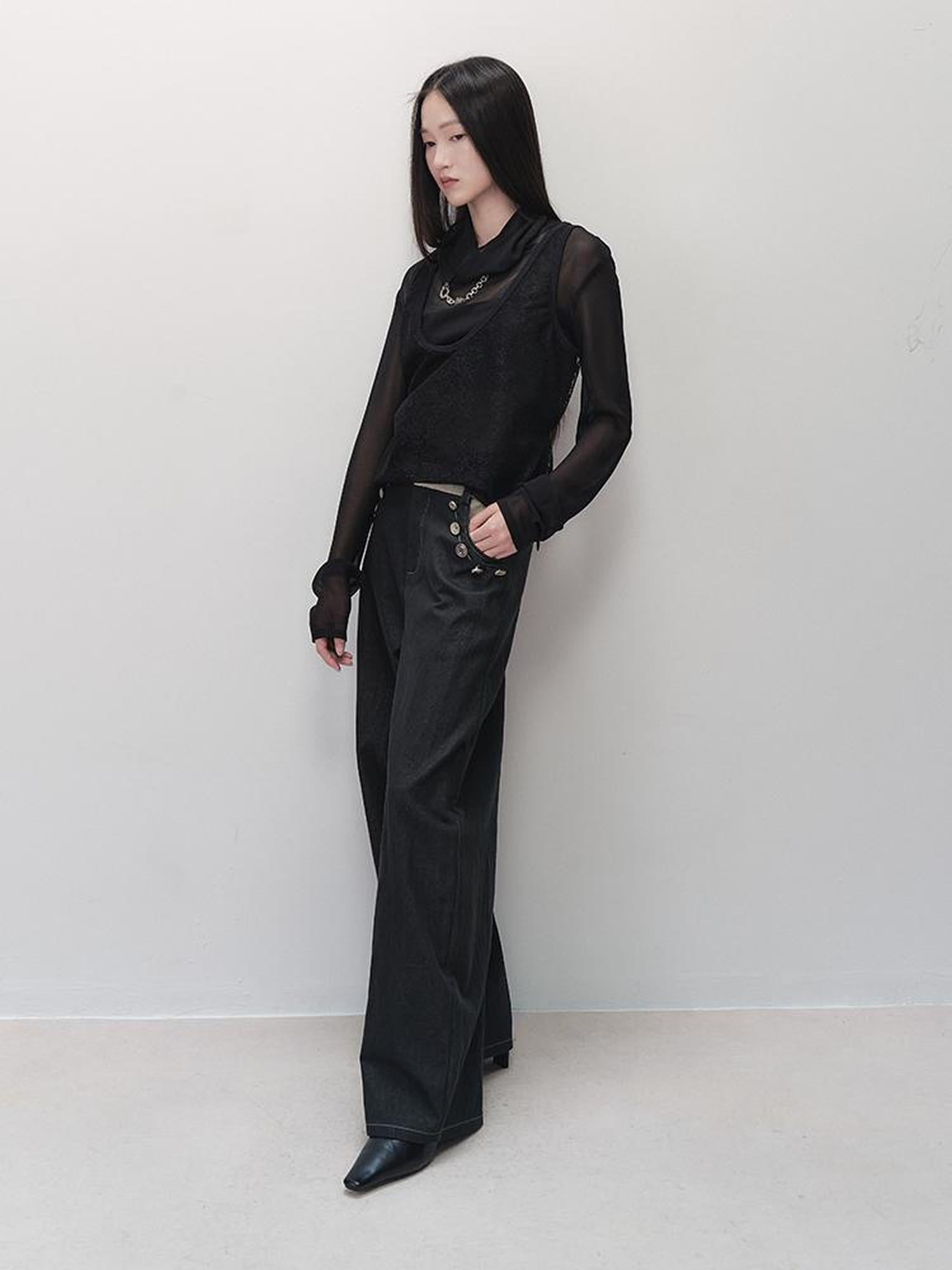 AnnoMundi Wide Leg Tapered Pants with Metal Button Decorative Insert