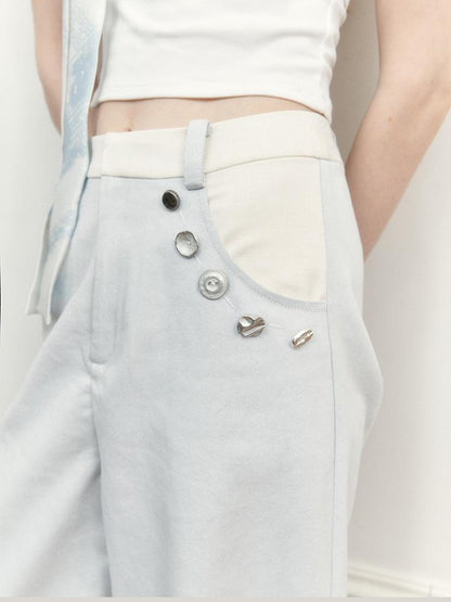 AnnoMundi Wide Leg Tapered Pants with Metal Button Decorative Insert