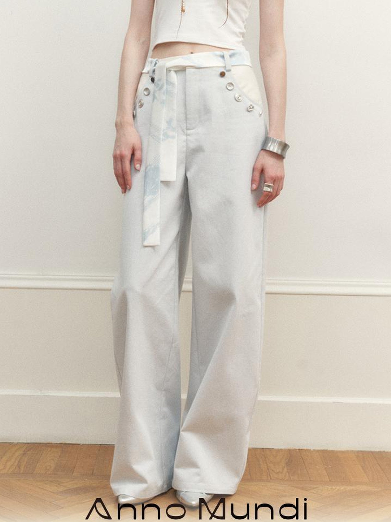 AnnoMundi Wide Leg Tapered Pants with Metal Button Decorative Insert