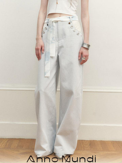AnnoMundi Wide Leg Tapered Pants with Metal Button Decorative Insert