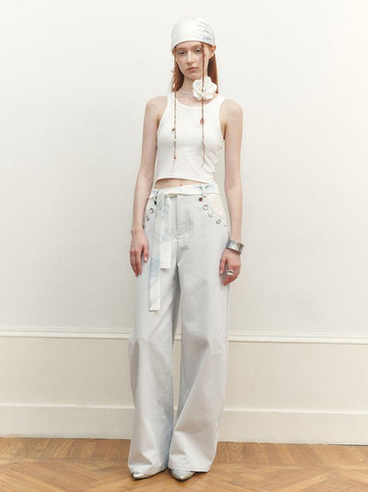 AnnoMundi Wide Leg Tapered Pants with Metal Button Decorative Insert