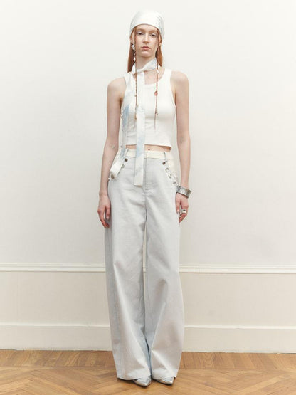 AnnoMundi Wide Leg Tapered Pants with Metal Button Decorative Insert