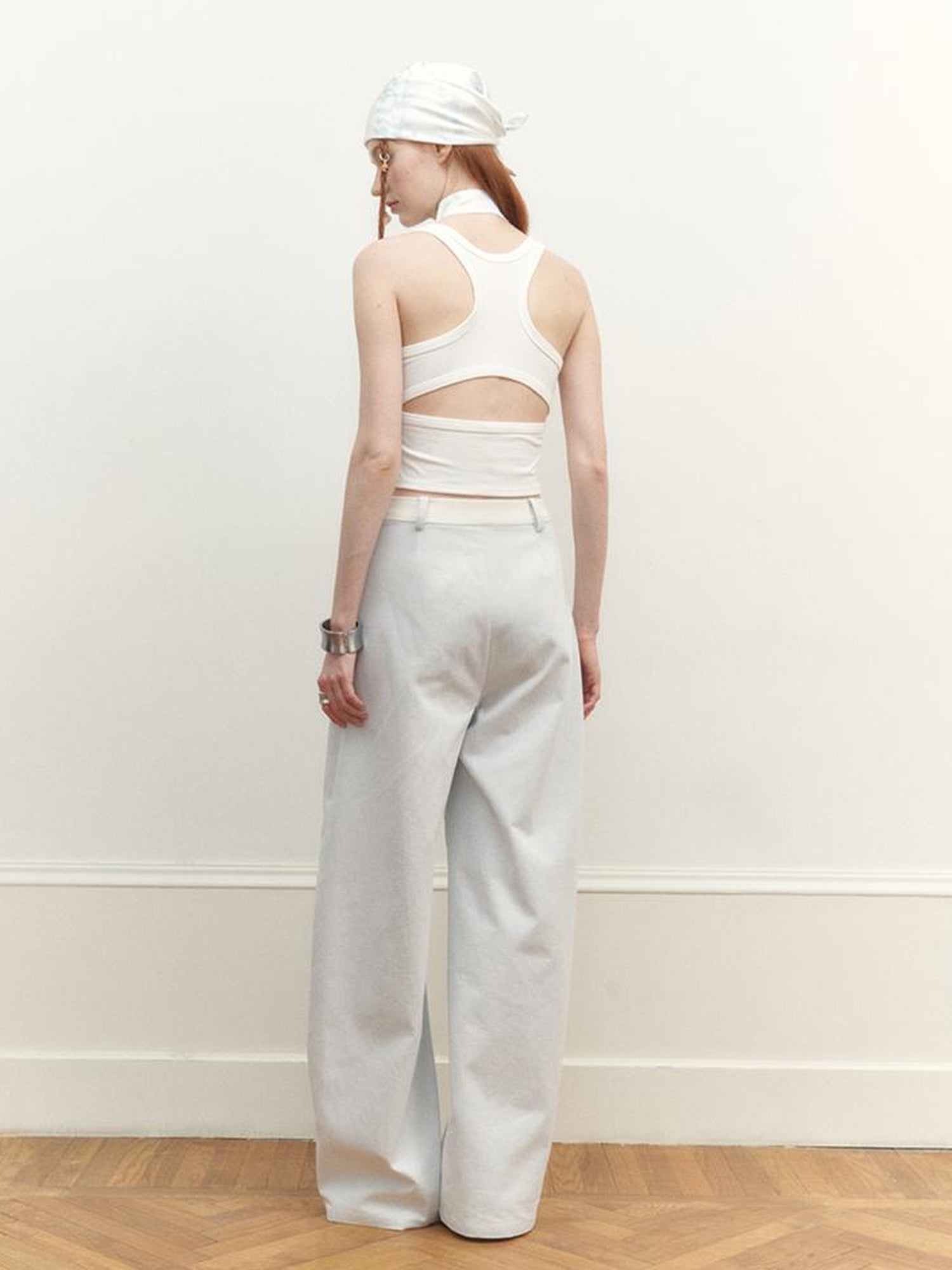 AnnoMundi Wide Leg Tapered Pants with Metal Button Decorative Insert