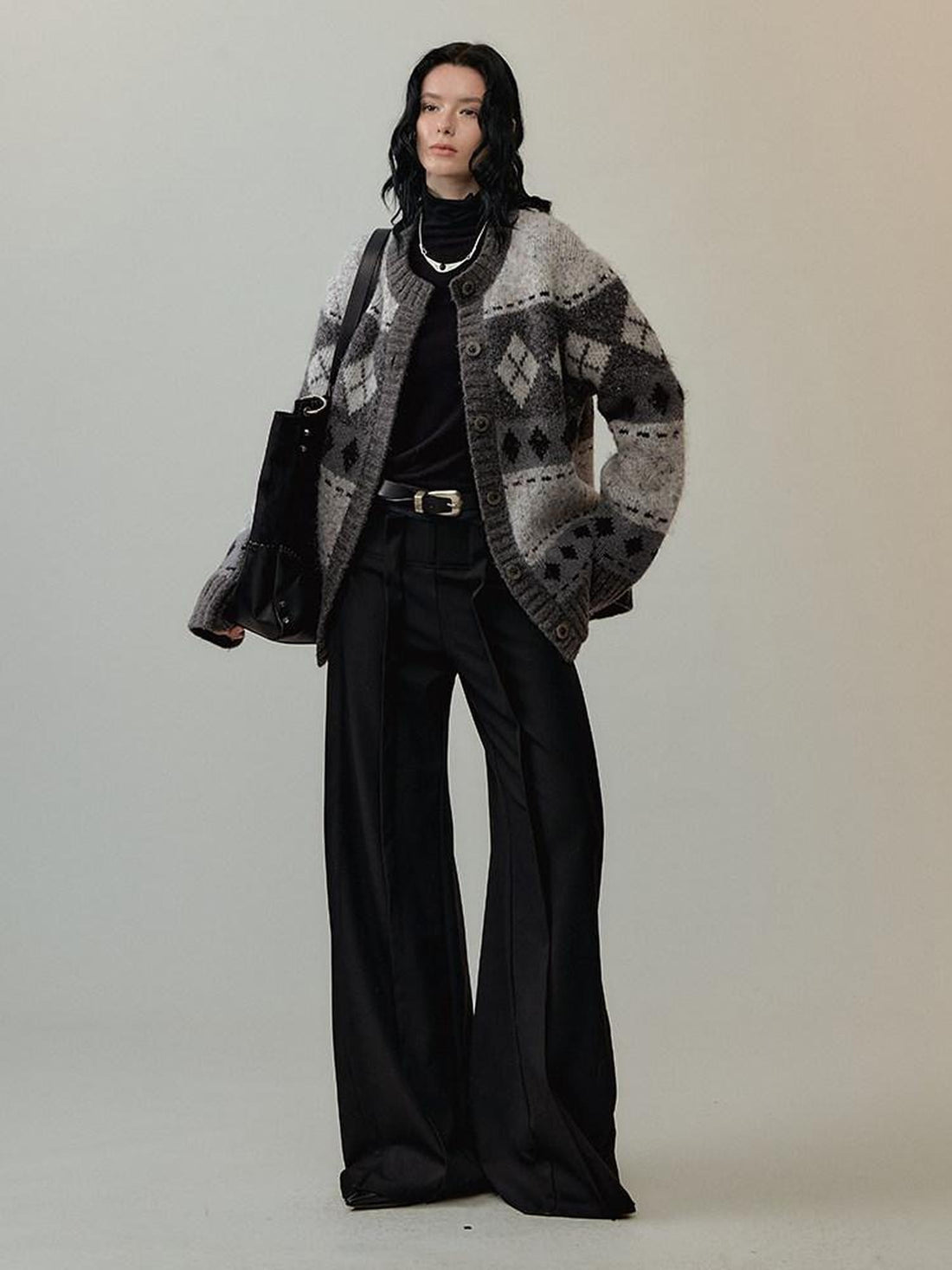 AnnoMundi Wool Blend Minimalist Plaid Knitted Button Front Women Grey Cardigans