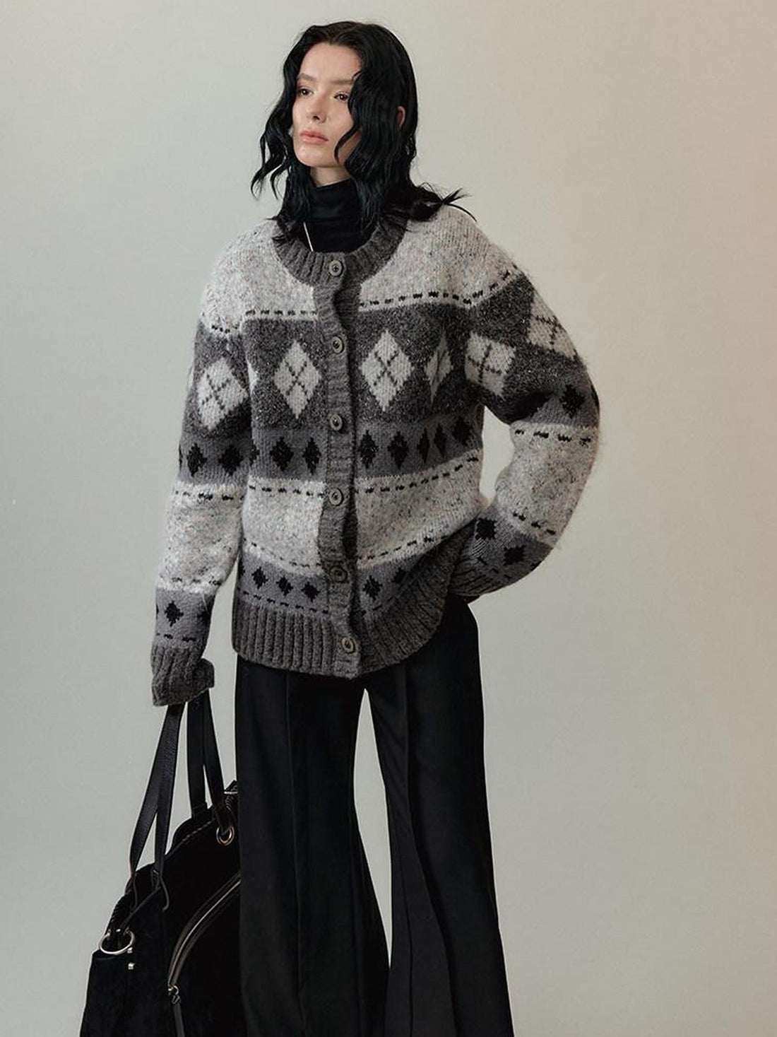 AnnoMundi Wool Blend Minimalist Plaid Knitted Button Front Women Grey Cardigans