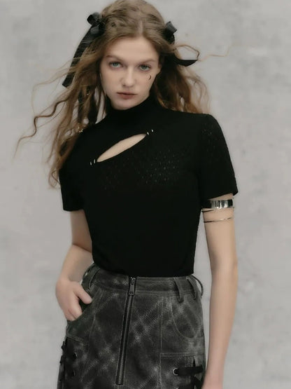 AnnoMundi Wrinkle Resistant Draped Hollow Out Drop Cut Top T-shirt